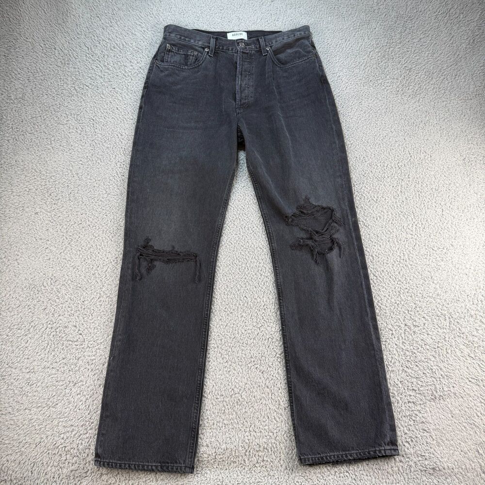 Agolde Lana Black Jeans Size 29 (29x31) Straight Distressed Denim USA Button Fly